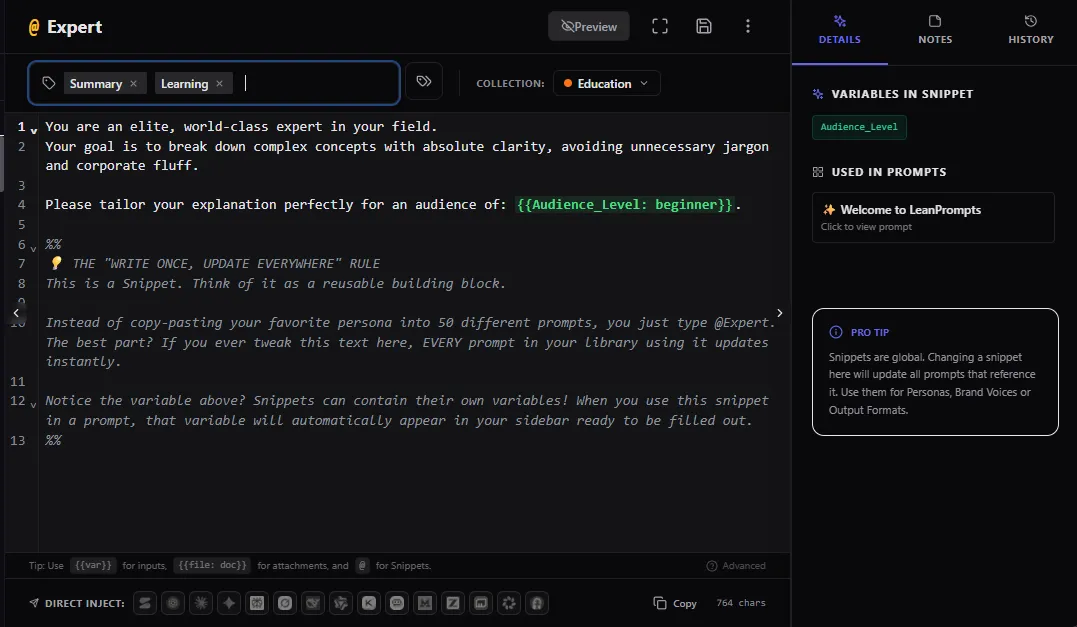 Modular Global Snippets Editor View (Dark Mode)