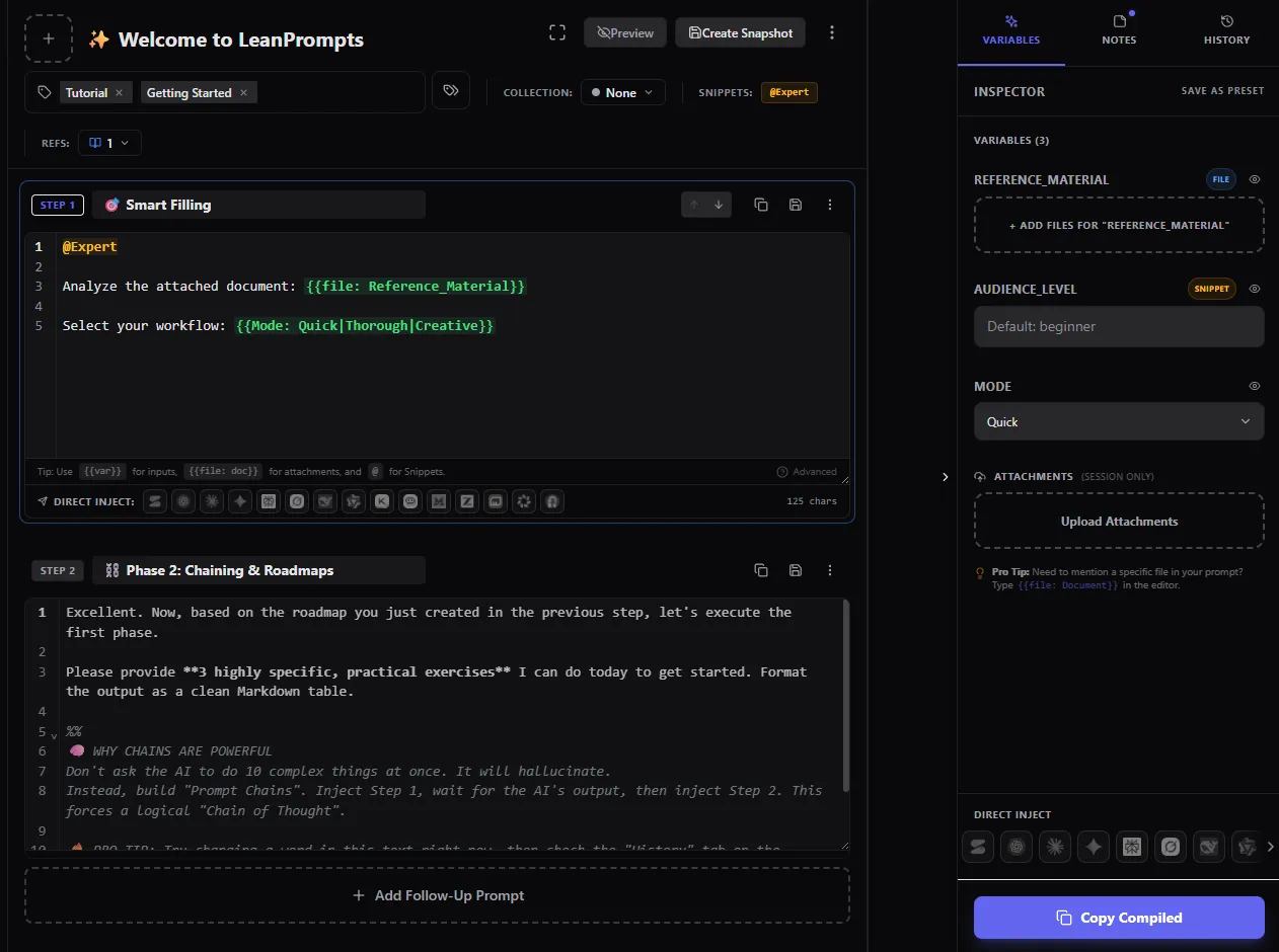 LeanPrompts Studio Professional Workspace (Dark Mode)