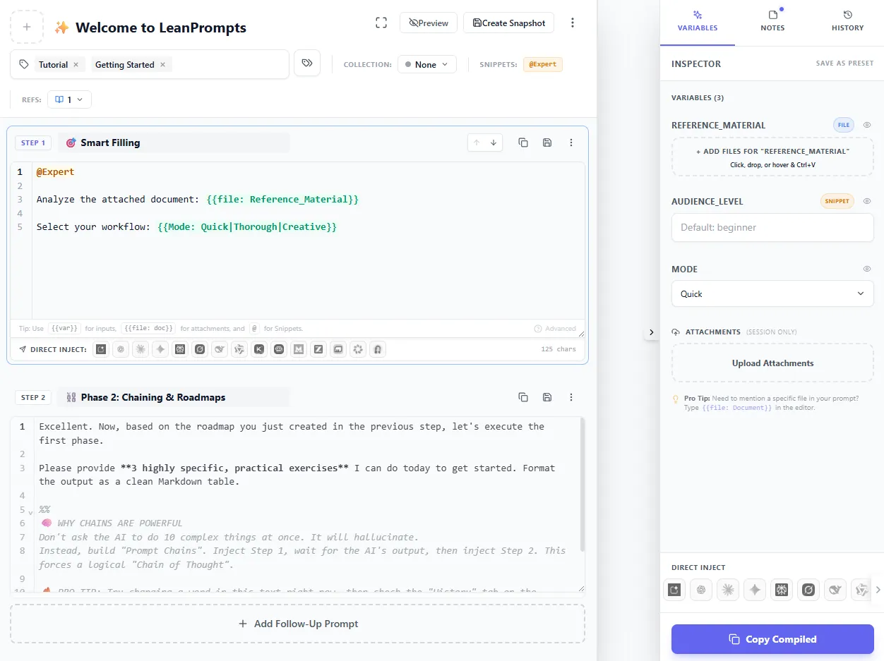 LeanPrompts Studio Professional Workspace (Light Mode)