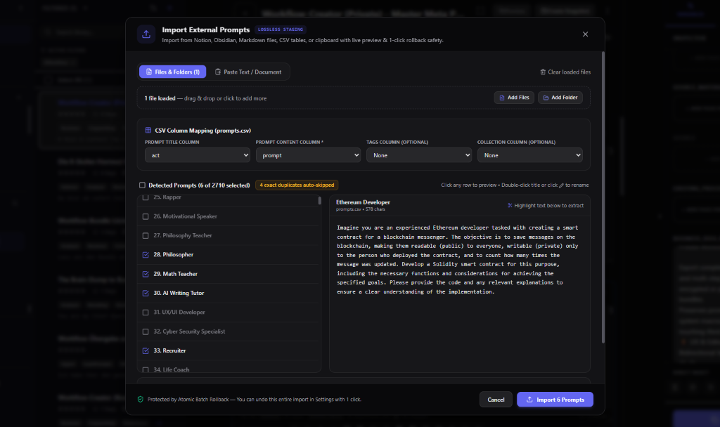 LeanPrompts Studio Universal Import Wizard Modal with Live Staging and Duplicate Detection